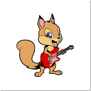 Cartoon squirrel playing electric guitar Posters and Art